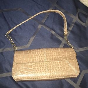 tan, textured, shiny leather purse